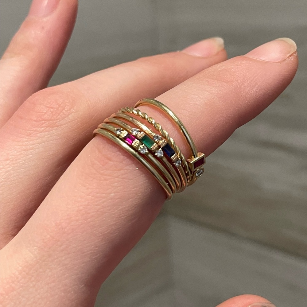 14k gold baguette ruby/emerald and diamond stackable rings